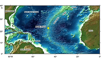 Aerial illustration of the western flank of the undersea Mid-Atlantic Ridge.